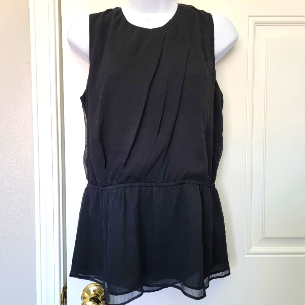 Kate Hill Black Gauzy Asymmetric Pleats Peplum Sleeveless Top Blouse Size 6